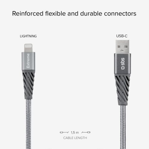 SBS Mobile Кабель Lightning USB, сверхпрочный, арамидное волокно, 1,5 м, серый