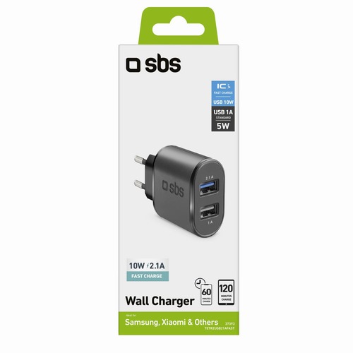 SBS Mobile Сетевое зарядное устройство 10 Вт 2xUSB-A, черное