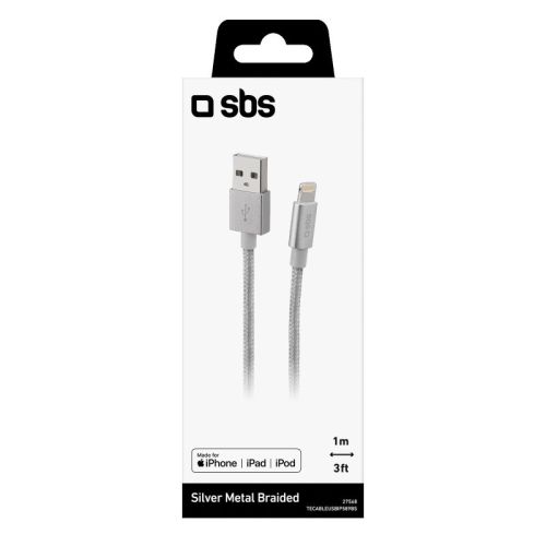 SBS Mobile Кабель Lightning USB MFI, металлический разъем, 1 м, серебристый №422