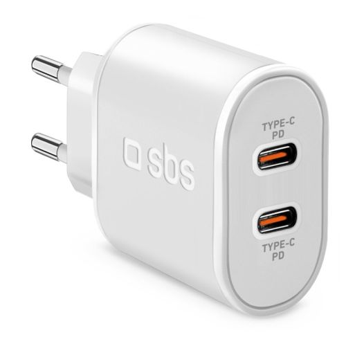 SBS Mobile Сетевое зарядное устройство мощностью 20 Вт с двумя выходами USB-C, белое
