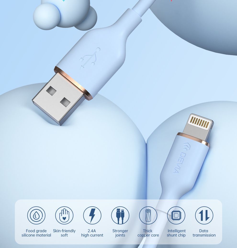 Devia Кабель зарядный Jelly Series A to Lightning Silicone Cable (2.4 A, 1.2 м), USB A - Lightning, голубой №422