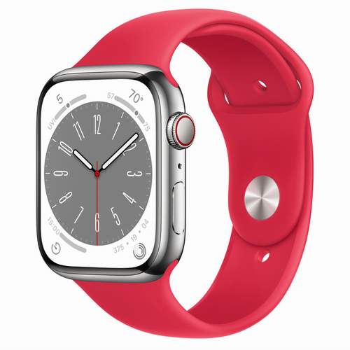 Apple Watch Series 8 - Silver Stainless Steel 45 мм, ремешок Sport Band, (PRODUCT) Red