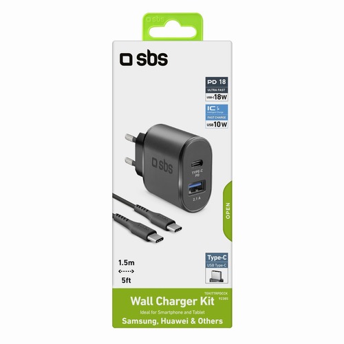 SBS Mobile Сетевое зарядное устройство Type-C PD18W + USB 2,1A, черное + кабель Type-C/Type-C