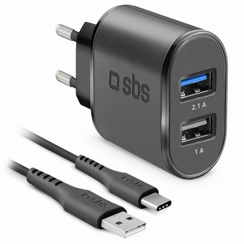 SBS Mobile Сетевое зарядное устройство 10 Вт 2xUSB-A + кабель USB-A / Type-C, черное