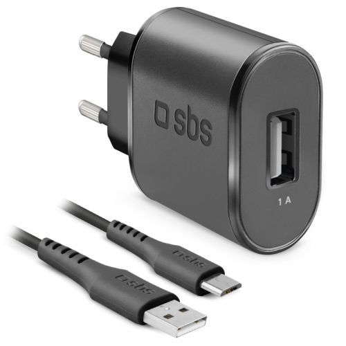 SBS Mobile Сетевое зарядное устройство USB-A 1А + кабель USB-A - Micro USB, черное