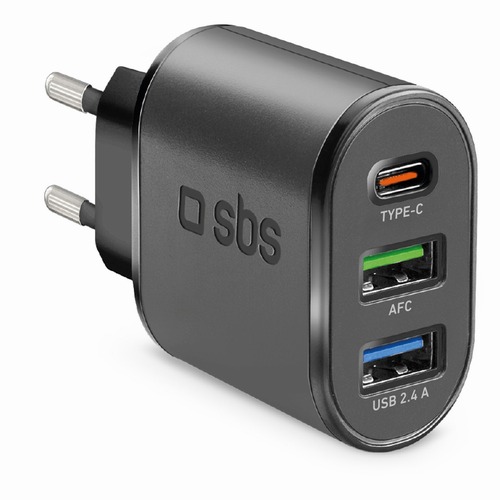 SBS Mobile Сетевое зарядное устройство 2 USB 2.4 A + 1 Type-C PD, черное