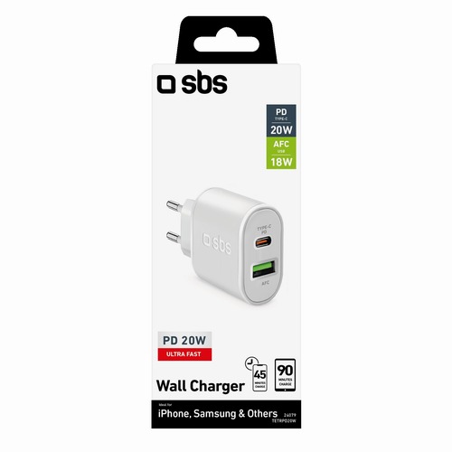 SBS Mobile Сетевое зарядное устройство 20 Вт 1xUSB-A + 1xUSB-C PD, белое