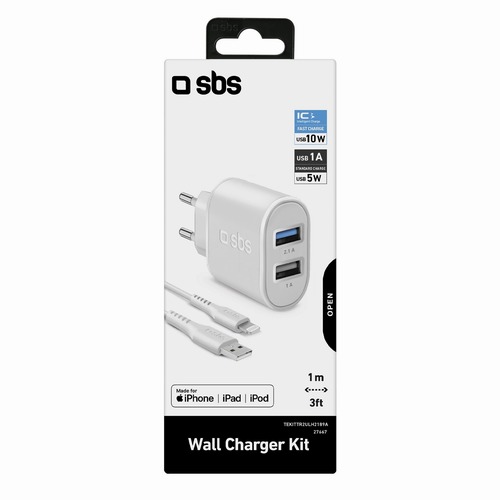SBS Mobile Сетевое зарядное устройство 2xUSB-A, белое + кабель Lightning