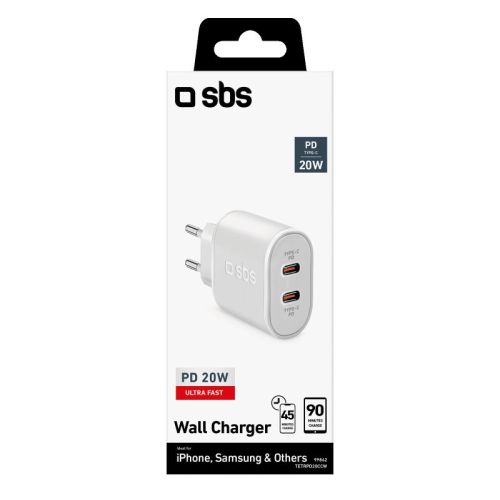 SBS Mobile Сетевое зарядное устройство мощностью 20 Вт с двумя выходами USB-C, белое