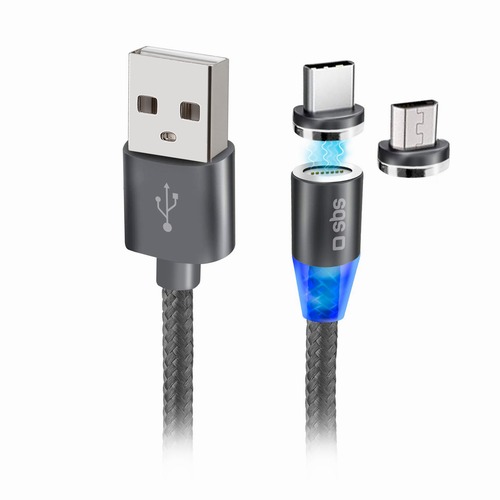 SBS Mobile кабель USB 2 в 1: Type-C/microUSB, магнитный разъем, плетеный, длина 1,0 м, черный
