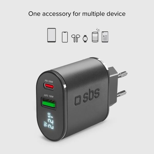 SBS Mobile Сетевое зарядное устройство с ЖК экраном type-C, PD 20 W + 1 USB AFC, черное